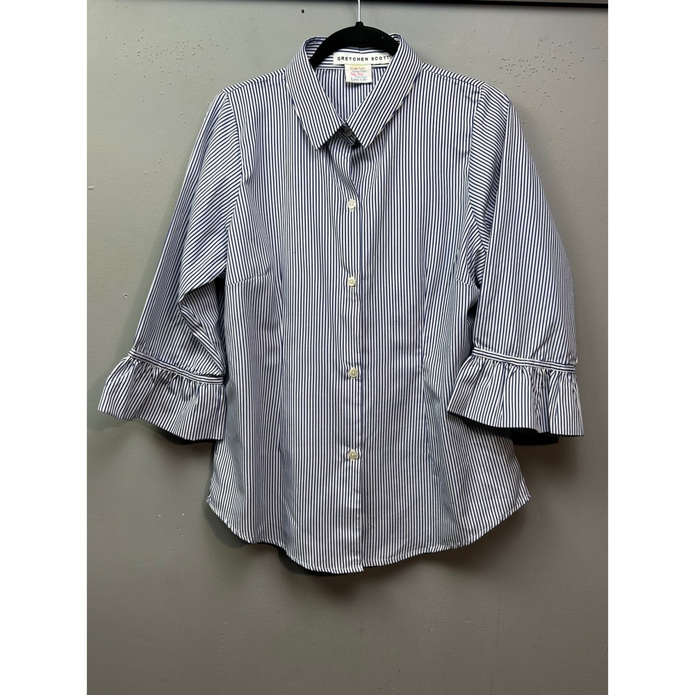 Gretchen Scott Shirt Womens XL Blue White Striped Ruffle Sleeve Button Down Top